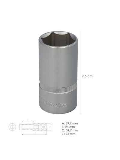 Llave Vaso 1/2" Hexagonal Larga 30 mm. Perfil de 6 caras. Acero Cromo Vanadio, Aristas Redondas