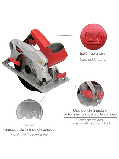 Sierra Circular 1300 Watt. Con Laser Disco 185 mm. 4.700 RPM Corte Inglete Regulador de Profundidad. Ingletadora, Sierra Madera