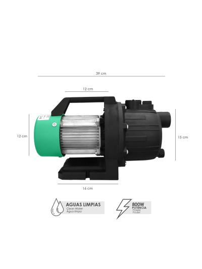 Bomba Aguas Limpias Superficie 800 W. 3.200 lts/hora, Profundidad 8 Mts, Elevación 40 mts. Presion Max: 4,0 Bares
