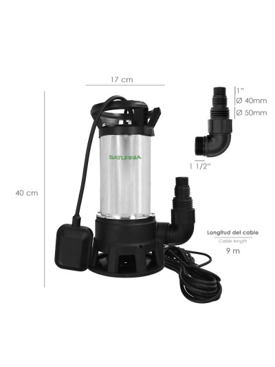 Bomba Aguas Sucias Sumergible Inoxidable 1.300 W. 25.000 lts/hora, Profundidad 7 Mts, Elevación 11 mts. Particulas max. Ø 38 mm.