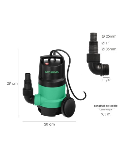 Bomba Aguas Sucias Sumergible 450 W. 8.000 lts/hora, Profundidad 5  Mts, Elevación 5,5 mts. Particulas max. Ø 30 mm.