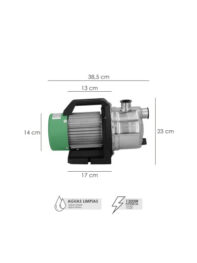 Bomba Aguas Limpias Superficie Acero Inoxidable 1.300 W. 5.000 lts/hora, Profundidad 8 Mts Elevación 50 mts. Presion Max: 5 Bar