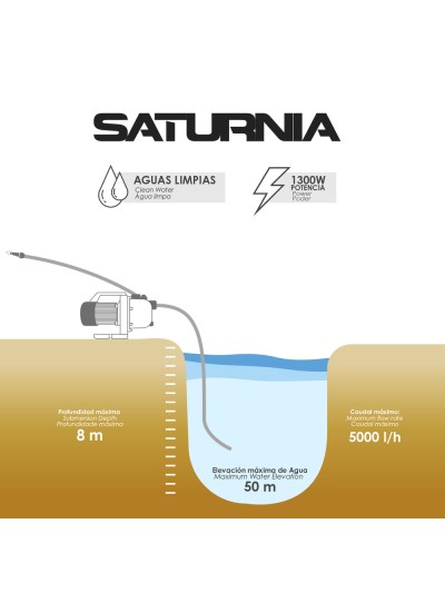 Bomba Aguas Limpias Superficie Acero Inoxidable 1.300 W. 5.000 lts/hora, Profundidad 8 Mts Elevación 50 mts. Presion Max: 5 Bar