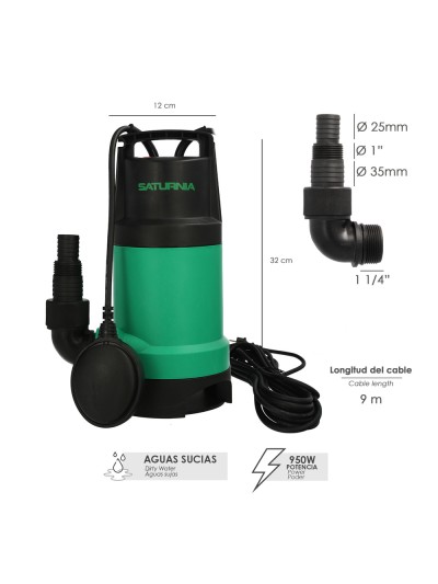 Bomba Aguas Sucias Sumergible 950 W. 14.000 lts/hora, Profundidad 7 Mts, Elevación 10 mts. Particulas max. Ø 30 mm.