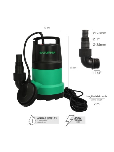 Bomba Aguas Limpias Sumergible 450W. 8.000 lts/hora, Profundidad 5 Mts, Elevación 5,5 mts.