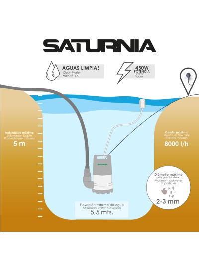 Bomba Aguas Limpias Sumergible 450W. 8.000 lts/hora, Profundidad 5 Mts, Elevación 5,5 mts.