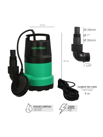 Bomba Aguas Limpias Sumergible 250 Watt. 5.500 lts/hora, Profundidad 5 Mts, Elevación 4,5 mts. Particulas max. Ø 2-3 mm.