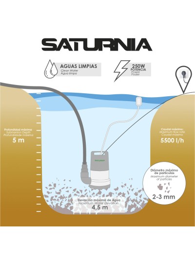 Bomba Aguas Limpias Sumergible 250 Watt. 5.500 lts/hora, Profundidad 5 Mts, Elevación 4,5 mts. Particulas max. Ø 2-3 mm.