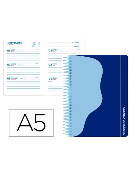 Agenda escolar liderpapel 25-26 espiral waves azul oscu ro semana vista a5 bilingüe papel fsc 80 gr