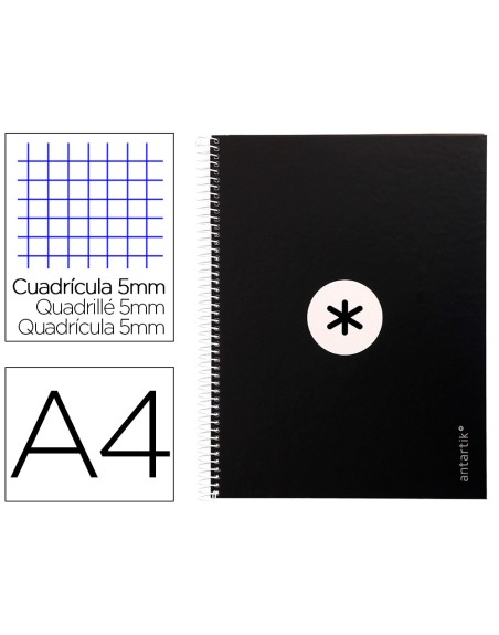 Cuaderno espiral a4 micro antartik tapa forrada 80h 90 gr cuadro 5mm 1 banda 4 taladros negro