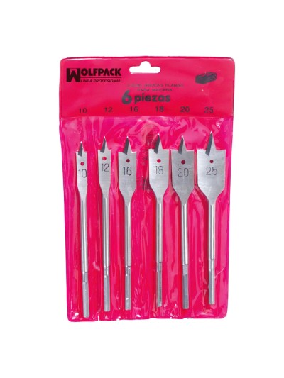 Juego Brocas Planas Madera 3 Puntas Wolfpack 6 Piezas