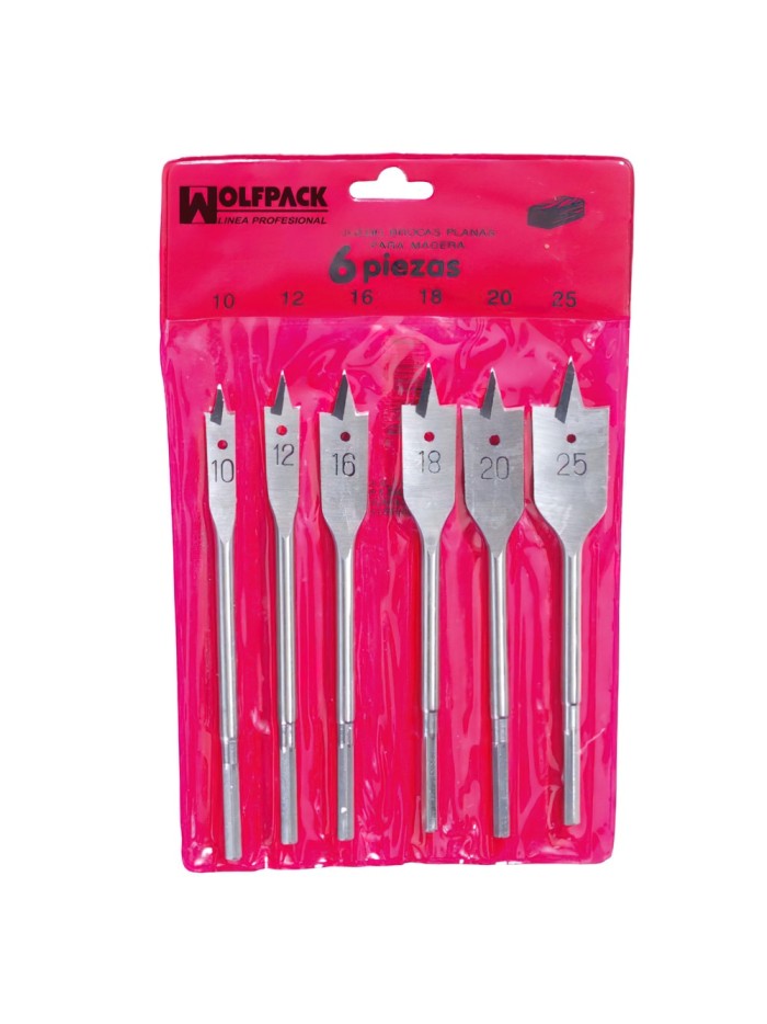 Juego Brocas Planas Madera 3 Puntas Wolfpack 6 Piezas