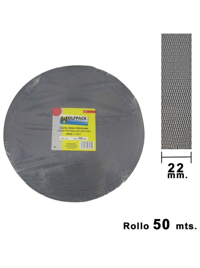 Cinta Persiana Wolfpack Gris 22 mm. Rollo 50 metros