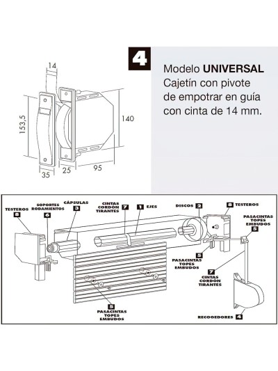 Recogedor Persiana Mini  6 Metros Embutir Cinta 14 mm.