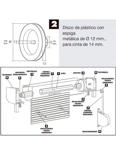 Disco Persiana Plastico Espiga Metalica 136x40 mm. Cinta 14 mm.