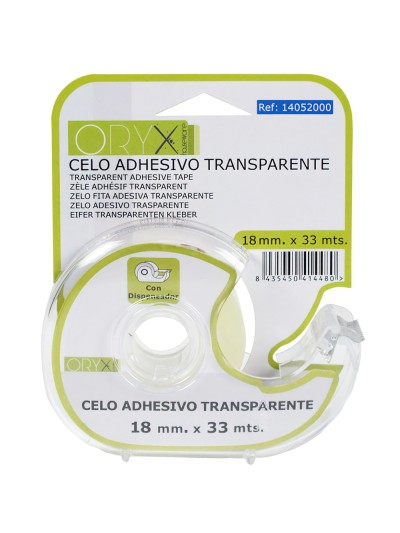 Cinta Celo Adhesivo Transparente 18 mm. x 33 Mts. Con Dispensador.