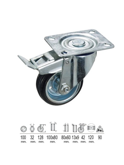 Rueda Industrial Goma Negra Placa con freno 100mm