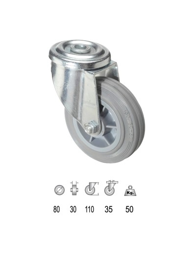 Rueda Industrial Goma Gris Pasante  80mm