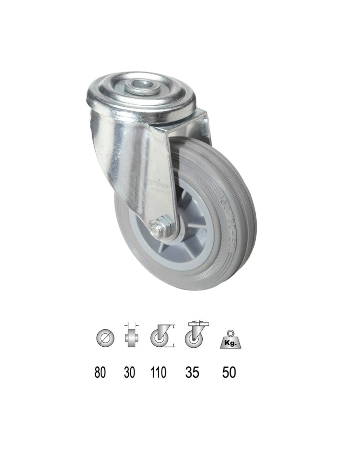 Rueda Industrial Goma Gris Pasante  80mm