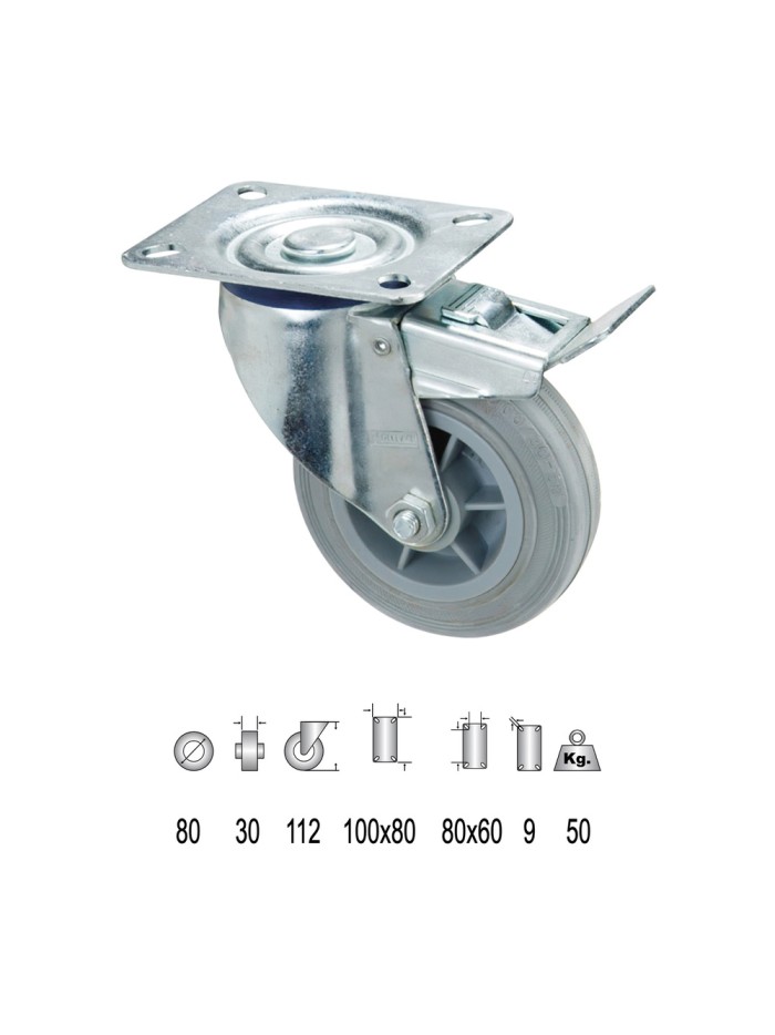 Rueda Industrial Goma Gris Placa con freno  80mm