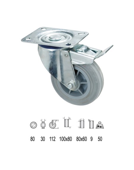 Rueda Industrial Goma Gris Placa con freno  80mm