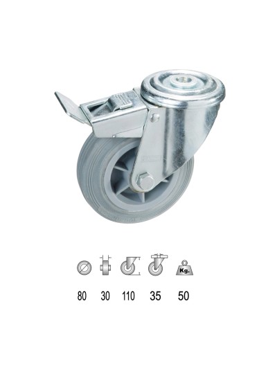 Rueda Industrial Goma Gris Pasante con freno  80mm