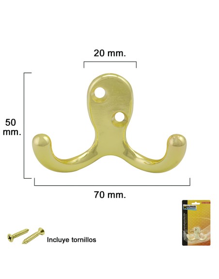 Gancho Doble Latonado Para Atornillar con tornillos incluidos.