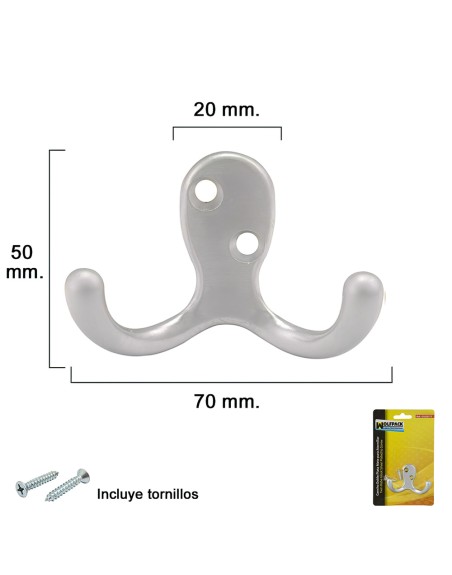 Gancho Doble Plata Mate Para Atornillar con tornillos incluidos.