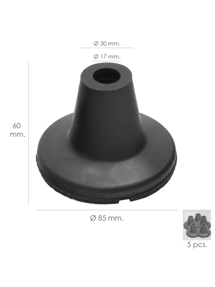 Taco Goma Baston Negro Tubo Ø 19 mm. / Base Ø 85 mm. Tipo Ventosa Bolsa 5 Unidades