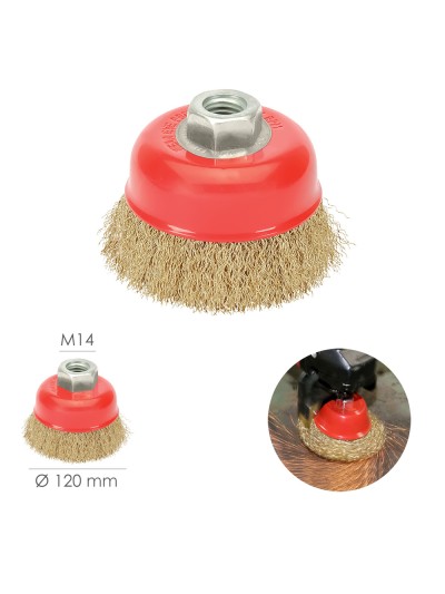 Cepillo Taza Con Alambre De Acero Latonado Rosca M14, Ø 120 mm. Alambre de Ø 0,30 mm.