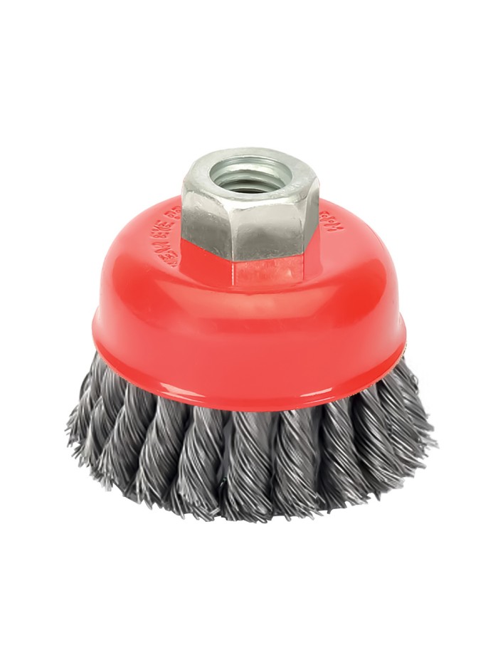 Cepillo Taza Con Alambre De Acero Trenzado Rosca M14, Ø 100 mm. Alambre de Ø 0,50 mm.