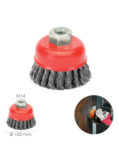 Cepillo Taza Con Alambre De Acero Trenzado Rosca M14, Ø 100 mm. Alambre de Ø 0,50 mm.