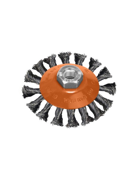Cepillo Oblicuo Con Alambre De Acero Trenazdo Rosca M14, Ø 100 mm. Alambre de Ø 0,30 mm.
