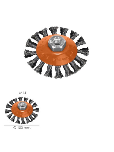 Cepillo Oblicuo Con Alambre De Acero Trenazdo Rosca M14, Ø 100 mm. Alambre de Ø 0,30 mm.