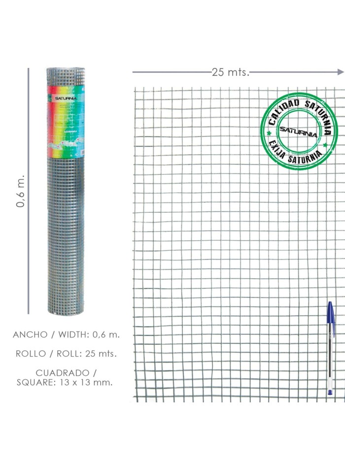 Malla Electrosoldada Galvanizada 13x13 / Altura 60 cm. Rollo 25 Metros. Uso Domestico
