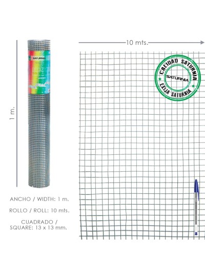 Malla Electrosoldada Galvanizada 13x13 / Altura 100 cm. Rollo 10 Metros. Uso Domestico