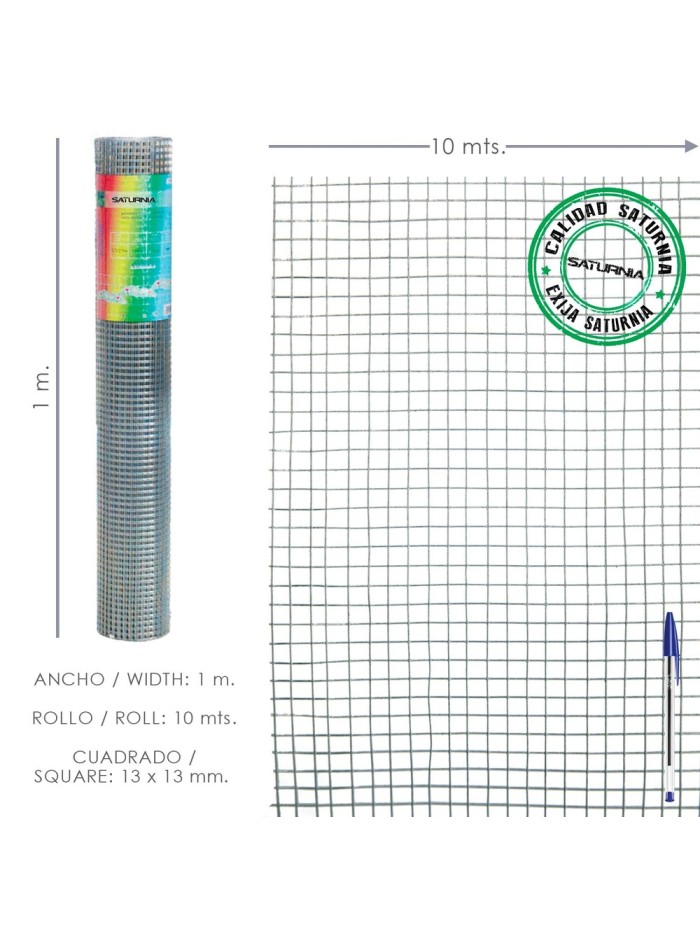 Malla Electrosoldada Galvanizada 13x13 / Altura 100 cm. Rollo 10 Metros. Uso Domestico