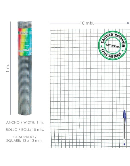 Malla Electrosoldada Galvanizada 13x13 / Altura 100 cm. Rollo 10 Metros. Uso Domestico