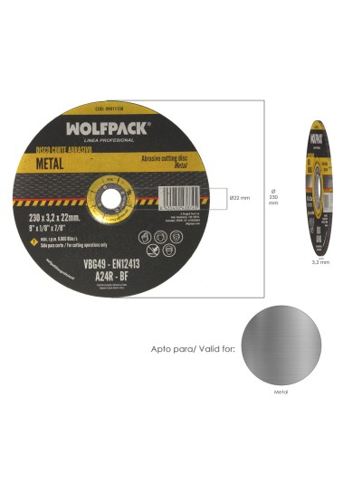 Disco Corte Abrasivo Metal Ø 230 x Ø 22 mm. Espesor 3,2 mm.Disco Radial / Amoladora Universal