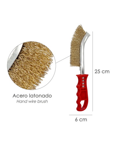 Cepillo Acero Latonado Mango Rojo 25 cm. cepillo Eliminación Oxido, Pintura, Pulido De Metales.