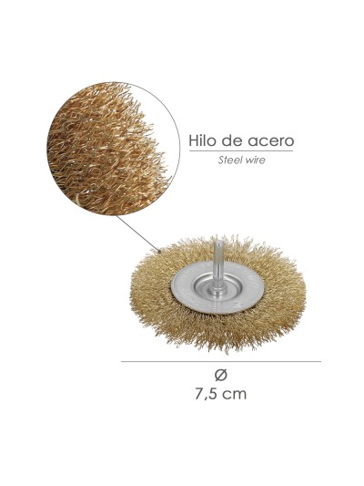 Cepillo Acero Latonado Para Taladro. Disco Ø 75 mm. Espiga 1/4" Cepillo Taladro Alambre Latón, Cepillo Limpieza, Cepillo Pulir.