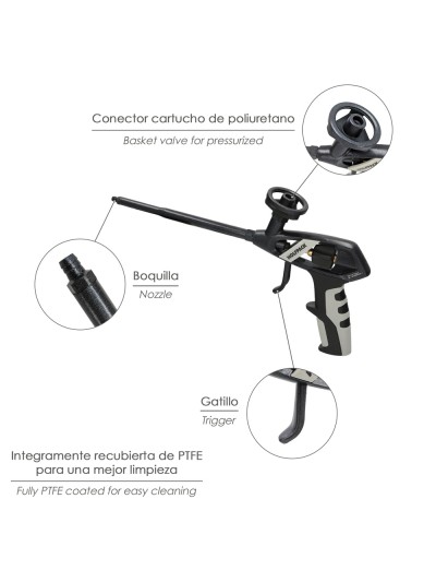 Pistola Para Espuma Poliuretano Recubriemiento Integro PTFE  (Interior y Exterior) Pistola Calafatear, Rellenar, Sellar