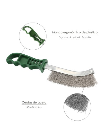 Cepillo Acero Inoxidable Mango Verde 25 cm. Cepillo Eliminación Oxido, Pintura, Pulido De Metales.