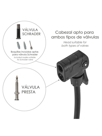 Bomba Aire 5,5 Bares Cuerpo Acero, Valvulas SCHRADER y PRESTA con Adaptadores. Bomba Bicicletas, Bomba coches