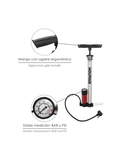 Bomba Inflar Bicicleta Con Manometro. Doble Boquilla Valvula Presta y Schrader. Con Adaptadores. Ø 32 x 500 mm. 10 BAR / 160 PSI
