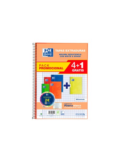Cuaderno espiral oxford tapa extradura folio 80 hojas 90 gr cuadro 4 mm colores vivos pack de 4+1 unidades
