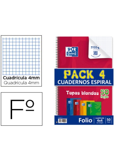 Bloc espiral oxford tapa flexible optik paper folio 50 hojas 90 gr cuadros 4 mm pack de 4