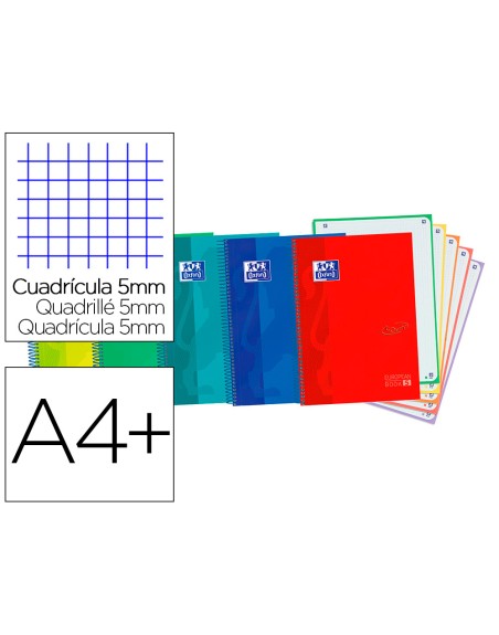 Cuaderno espiral oxford ebook 5 tapa extradura din a4+ 120 h microperforadas cuadro 5 mm colores vivos surtidos