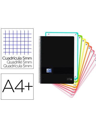 Cuaderno espiral oxford ebook 8 tapa plastico din a4+ 160 h cuadricula 5 mm black'n colors turquesa