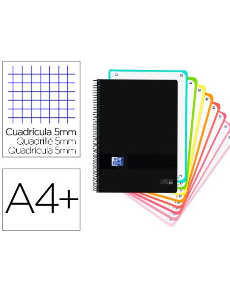 Cuaderno espiral oxford ebook 8 tapa plastico din a4+ 160 h cuadricula 5 mm black'n colors turquesa